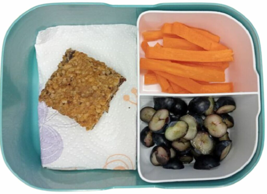 Oatmeal-pie-carrot-sticks-and-blueberries